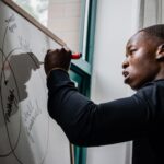 Security analyst reviewing AI-generated threat model attack path diagram on whiteboard