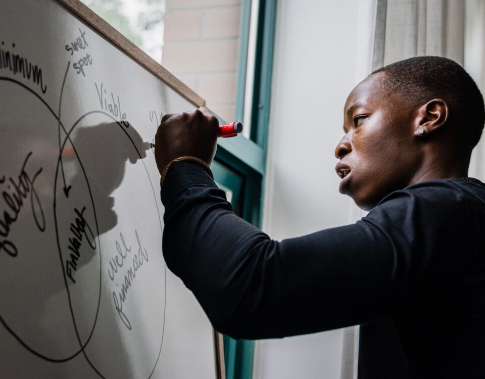 Security analyst reviewing AI-generated threat model attack path diagram on whiteboard