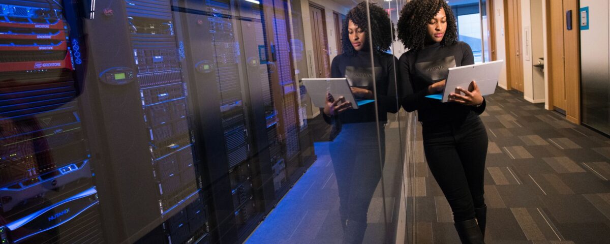 High-density GPU server rack in enterprise data center with LED indicators