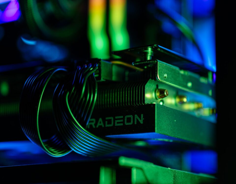 GPU server rack inside enterprise data center with glowing indicator lights
