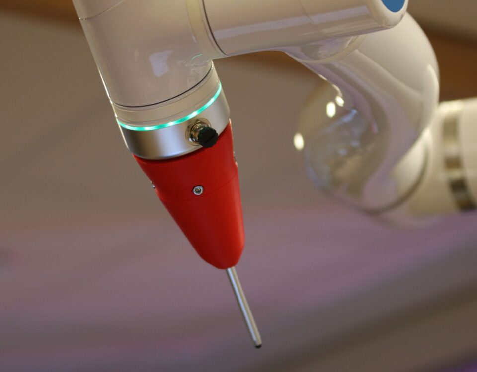 Robotic arm typing on server keyboard with floating permission dialogs