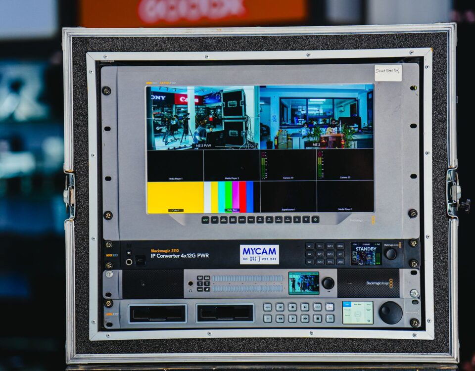 Security analyst monitoring multi-cloud dashboards across multiple server room screens