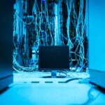 Robotic arm pressing keyboard key inside a secure server room
